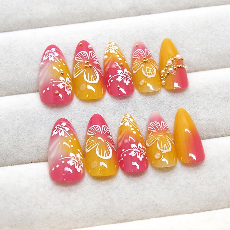KRTBKR 24Pcs Flower Press on Nails Medium Almond Fake Nails 3D Floral with Gold Pearl Rhinestones Glitter Glossy Design Orange Full Cover Stick on Nails Spring Summer False Nails for Women Acrylic Nails - Image 3