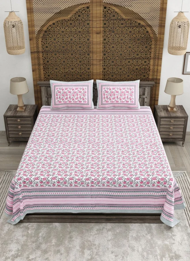 CLOTHOLOGY CLOTHOLOGY White & Pink Printed Pure Cotton 180 TC King Bedsheet Set
