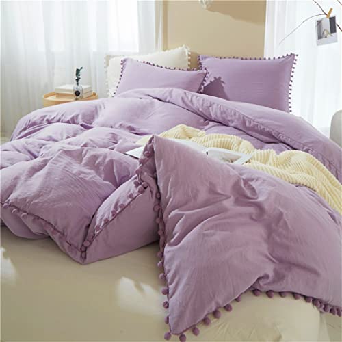 IHOUSTRIY Kid's Duvet Cover Twin Size,100% Washed Microfiber 2pcs Bedding Duvet Cover Set, Pom Poms Fringe Solid Color Soft and Breathable with Zipper Closure & Corner Ties (Twin, Purple) - Image 1
