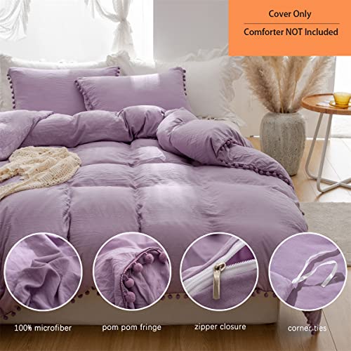 IHOUSTRIY Kid's Duvet Cover Twin Size,100% Washed Microfiber 2pcs Bedding Duvet Cover Set, Pom Poms Fringe Solid Color Soft and Breathable with Zipper Closure & Corner Ties (Twin, Purple) - Image 2