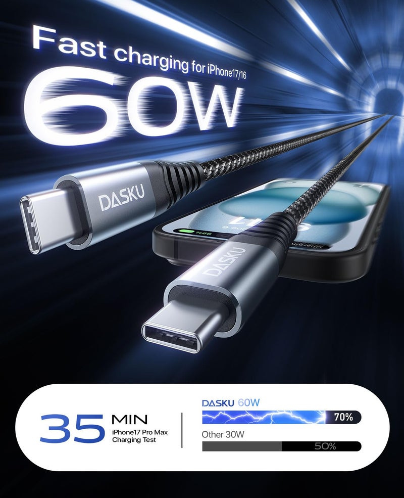 Dasku USB C Cable Fast Charging 60W, 2Pack 6FT USB C to C Cable, USB C Cord Upgraded Extra Durable Braided USBC to USBC Cable Compatible with iPhone 17 16 15 Pro Max,Samsung Galaxy S10, LG and More-Black - Image 3
