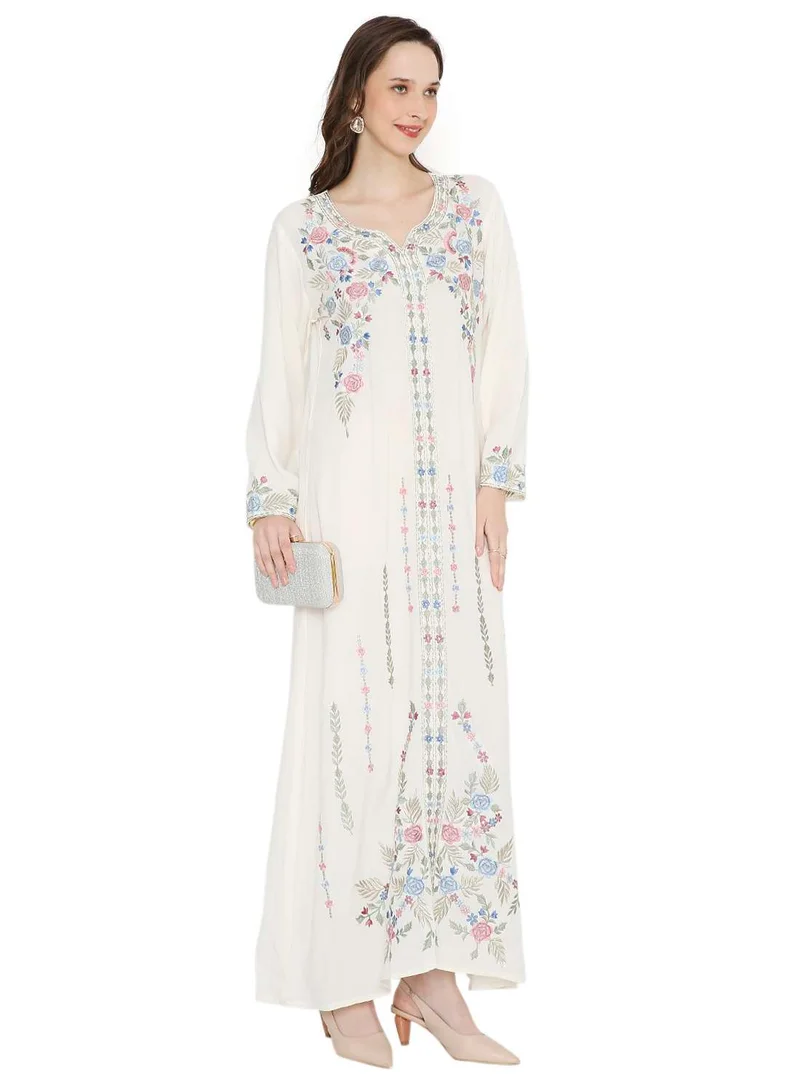 HANA & SARA WHITE COLOUR LONG VISCOSE DRESS WITH FLORAL EMBROIDERY ELEGANT ARABIC KAFTAN JALABIYA DRESS