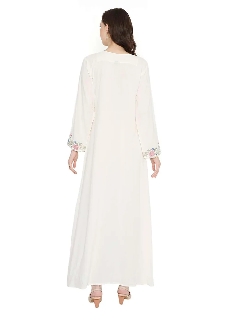 HANA & SARA WHITE COLOUR LONG VISCOSE DRESS WITH FLORAL EMBROIDERY ELEGANT ARABIC KAFTAN JALABIYA DRESS