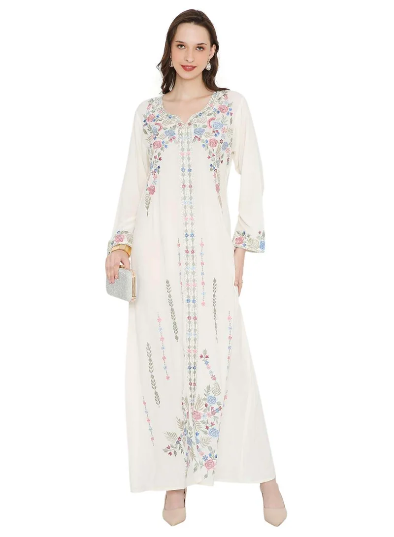 HANA & SARA WHITE COLOUR LONG VISCOSE DRESS WITH FLORAL EMBROIDERY ELEGANT ARABIC KAFTAN JALABIYA DRESS