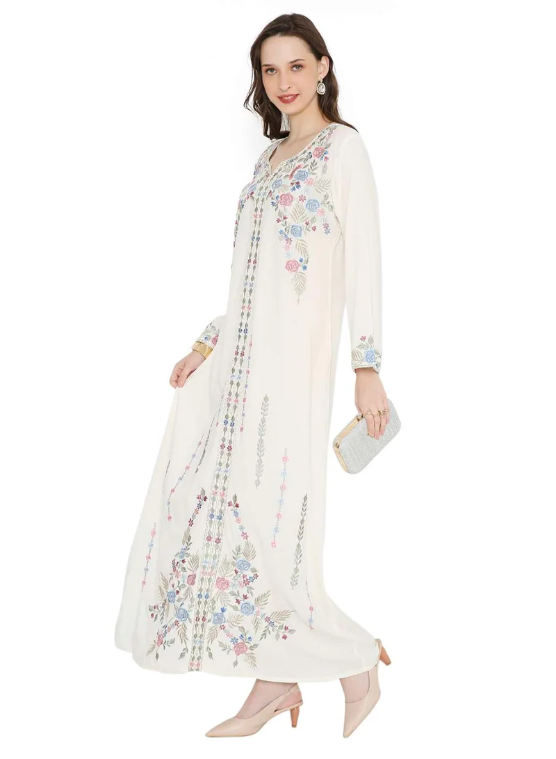HANA & SARA WHITE COLOUR LONG VISCOSE DRESS WITH FLORAL EMBROIDERY ELEGANT ARABIC KAFTAN JALABIYA DRESS