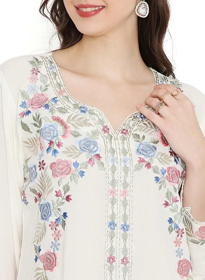 HANA & SARA WHITE COLOUR LONG VISCOSE DRESS WITH FLORAL EMBROIDERY ELEGANT ARABIC KAFTAN JALABIYA DRESS