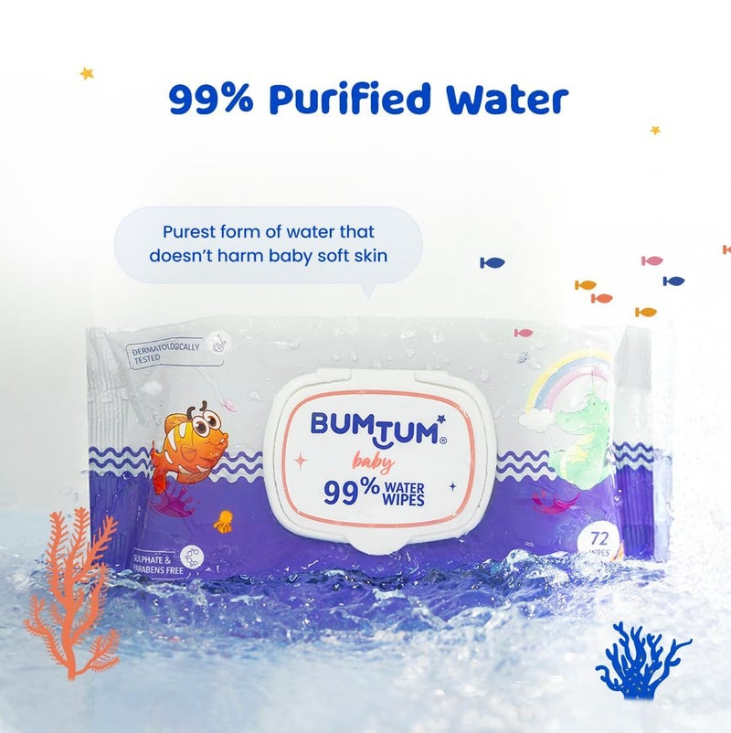 Bumtum Baby Gentle 99% Pure Water Soft Moisturizing Wet Wipes With Lid | Aloe Vera & Chamomile Extracts | Paraben & Sulfate Free (Pack of 1, 72 Pcs. Per Pack) - Image 3