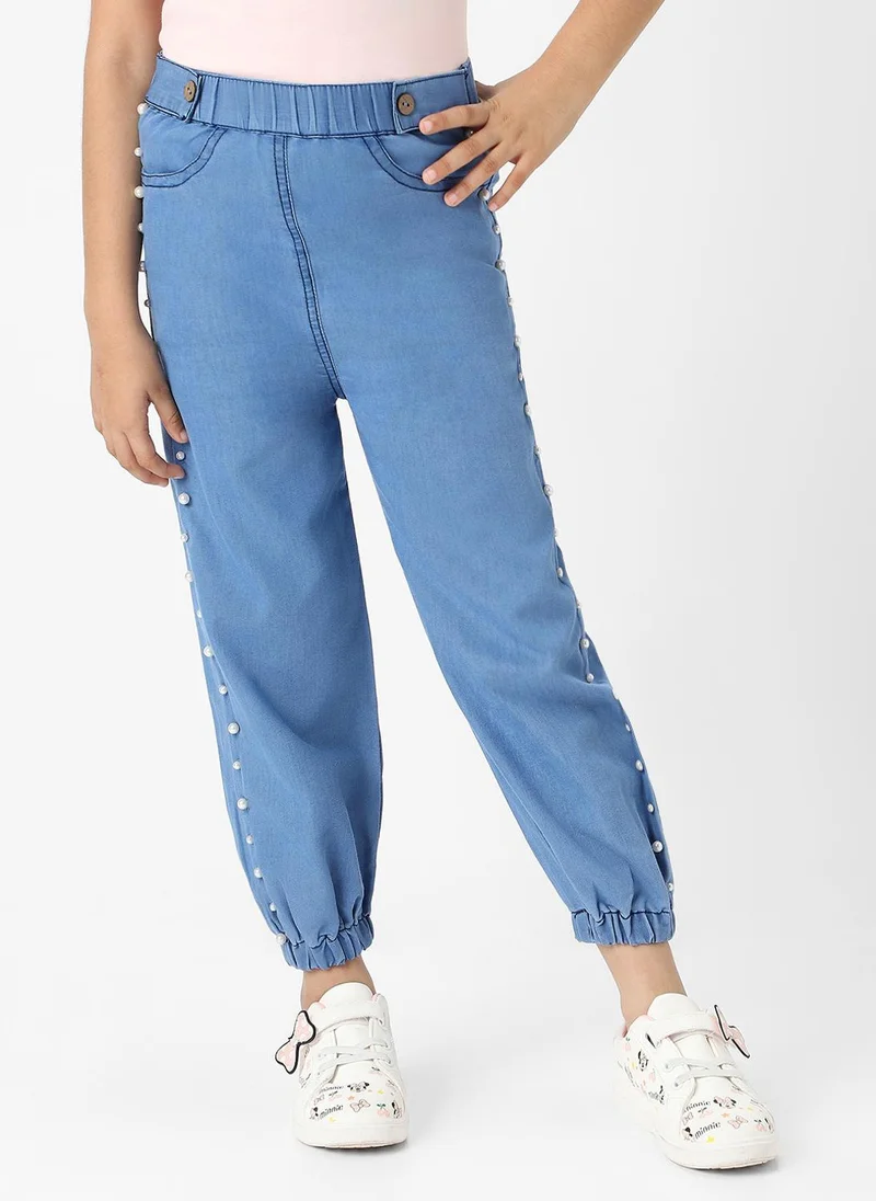 Nautinati Nautinati Girls Cotton Denim Jogger Jeans with Pearl Sequins