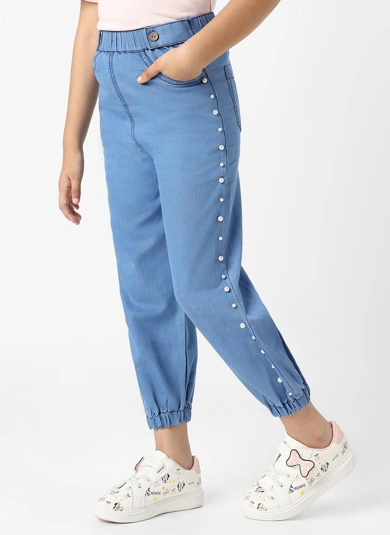 Nautinati Nautinati Girls Cotton Denim Jogger Jeans with Pearl Sequins