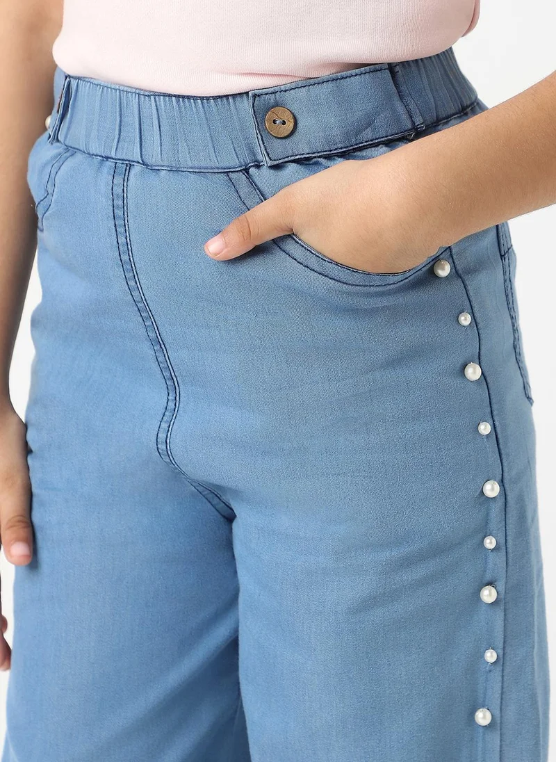 نوتيناتي Nautinati Girls Cotton Denim Jogger Jeans with Pearl Sequins