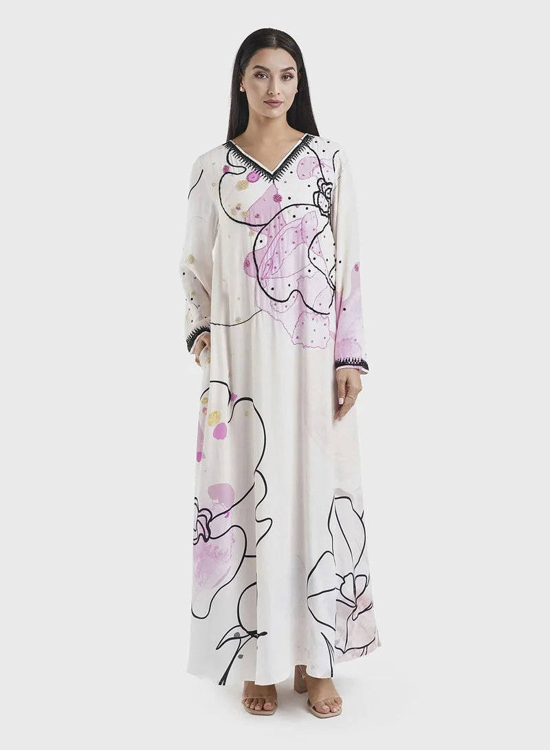 كشخة جلابية مطبوعة بأعمال خرز فيسكوز بتصميم أوف وايت مجرد