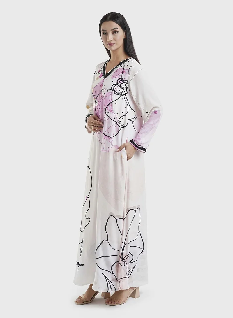 KASHKHA  Off White Abstract Print Viscose Beads Work Jalabiya (VDK360) for Women | Best Price UAE