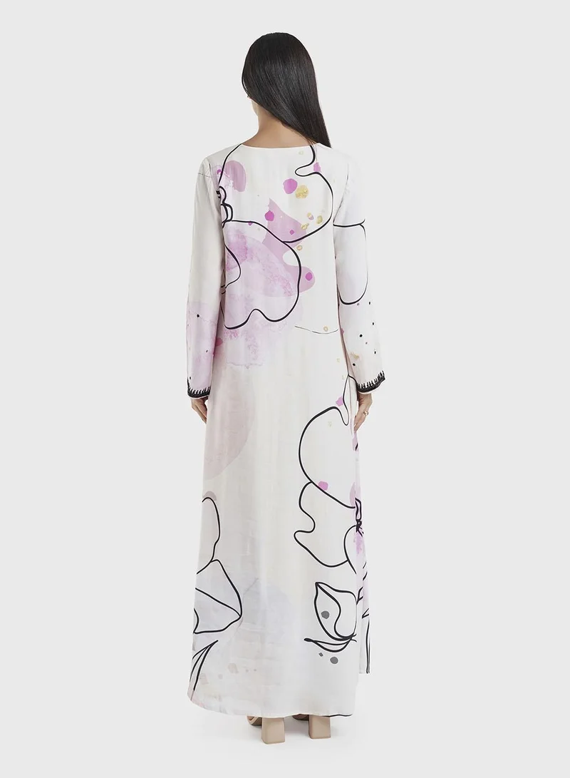 KASHKHA  Off White Abstract Print Viscose Beads Work Jalabiya (VDK360) for Women | Best Price UAE