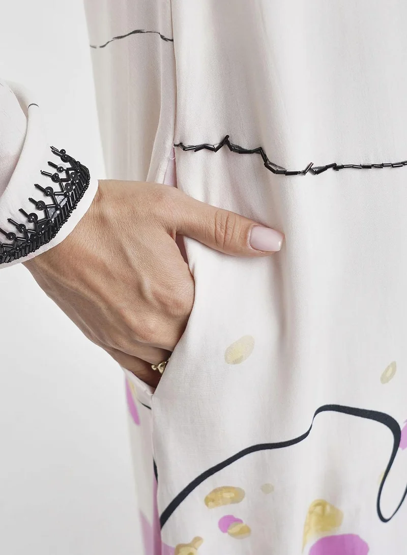 KASHKHA  Off White Abstract Print Viscose Beads Work Jalabiya (VDK360) for Women | Best Price UAE