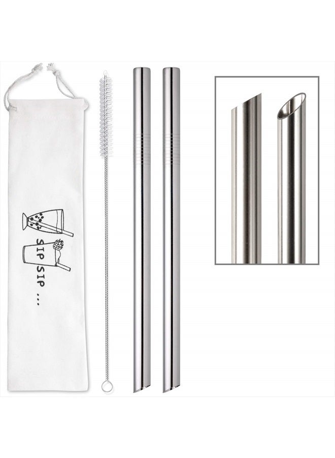 Hiware [Angled Tips] 2 Pcs Jumbo Reusable Bubble Tea Straws & Smoothie Straws, 0.5" Wide Stainless Steel Straws, Metal Straws for Bubble Tea/Tapioca Pearl, Milkshakes,Smoothies | 1 Cleaning Brush & 1 Case - Image 1