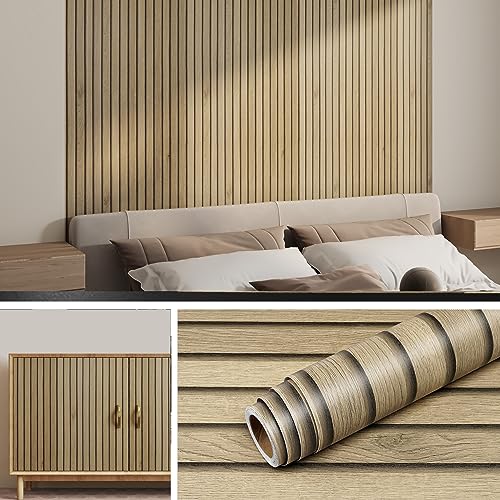 Livelynine Peel and Stick Wallpaper Wood Slats Self Adhesive Wall Paper 158x197 Faux Wood Contact Paper Peel and Stick Accent Wall Vinyl Cubicle Wallpaper Natural Wooden Slats for Wall Decor Bedroom - Image 1