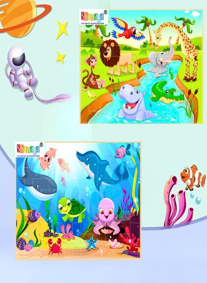 SHANAYA 36 Pieces Wooden Jigsaw Tetris Puzzle Kids Cartoon Animal Vehicle Puzzles Games Baby Early Learning Educational Toys for Children 2 Sided Puzzle (Wild Animals + Sea Animals) - Image 1
