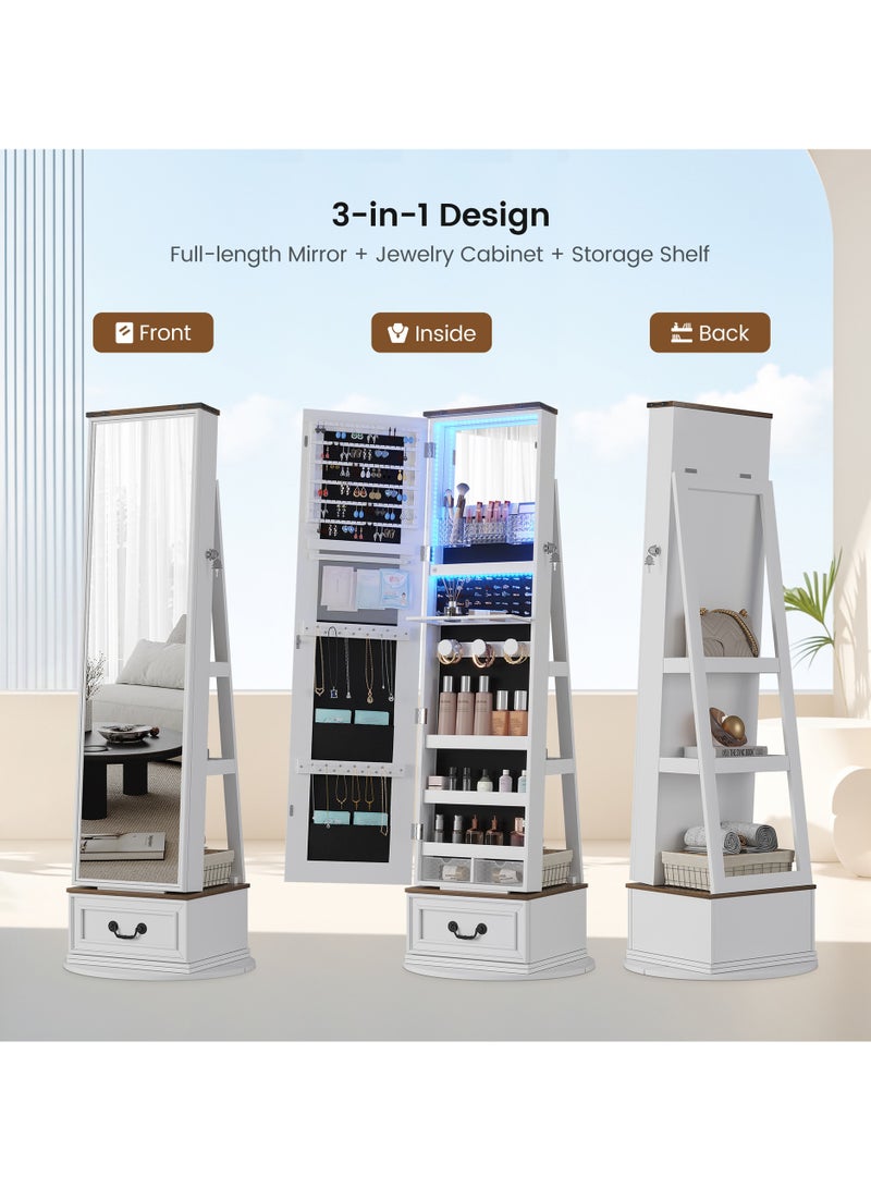 كامل طول الجسم مرآة مرآة LED مجلس الوزراء مجوهرات ، 360 ° مسند ذراع مجوهرات دوارة ، مع تخزين المجوهرات درج خشبي كبير - Image 2