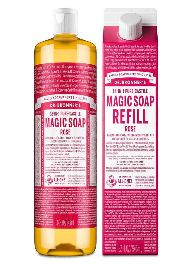 Dr. Bronner's Pure-Castile Magic Soap Liquid- Made with Regenerative Organic Certified Oils- For Body, Face, Hair, Dishes, Laundry, Vegan Bath Soaps for Men & Women, Non-GMO - Rose, 32oz + Refill - Image 1