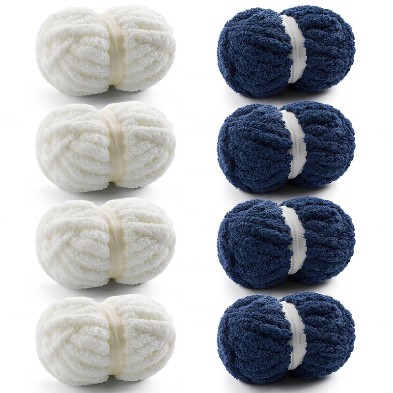 Mooaske 8 Pack Chunky Yarn for Hand Knitting - Chunky Chenille Yarn for Crocheting - Fluffy Yarns for Crochet - Jumbo Yarns for Hand Knitting 28.4 Yds 7.7 Oz Per Roll (8, Milky White-Navy Blue) - Image 1