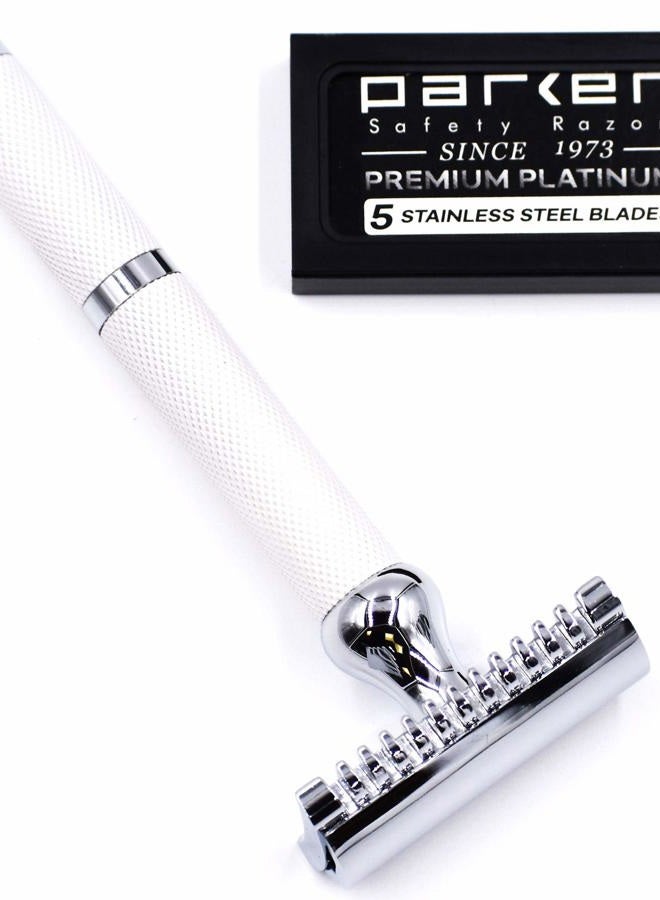 Parker Safety Razor Parker Deluxe OPEN COMB Double Edge Safety Raozr, Electroplated Brass Handle, 5 Blade Refills Included (70C - Bright White) - Image 3