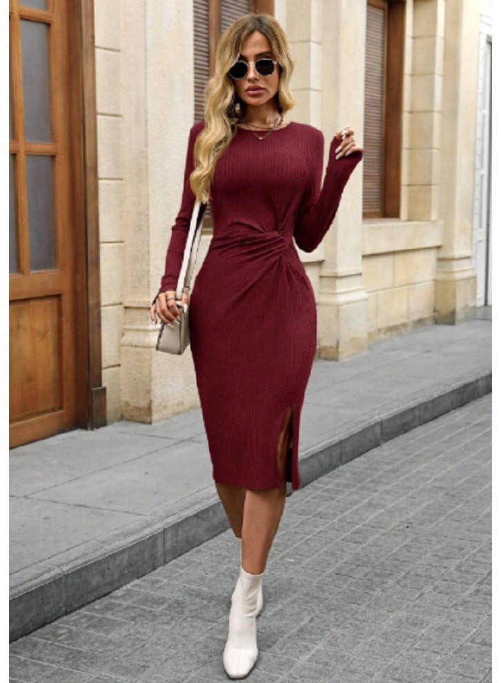 Shein Women's Autumn Simple Front Twist Slit Dress  - Image 1