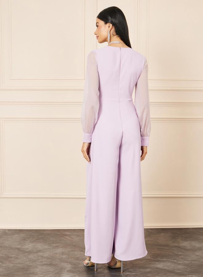 Styli Organza Sleeves Pleated Detail Wide Leg Tailored Jumpsuit - Image 4