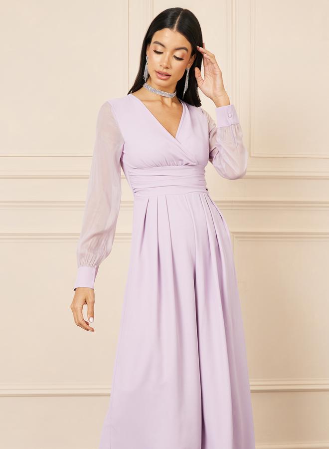 Styli Organza Sleeves Pleated Detail Wide Leg Tailored Jumpsuit - Image 2