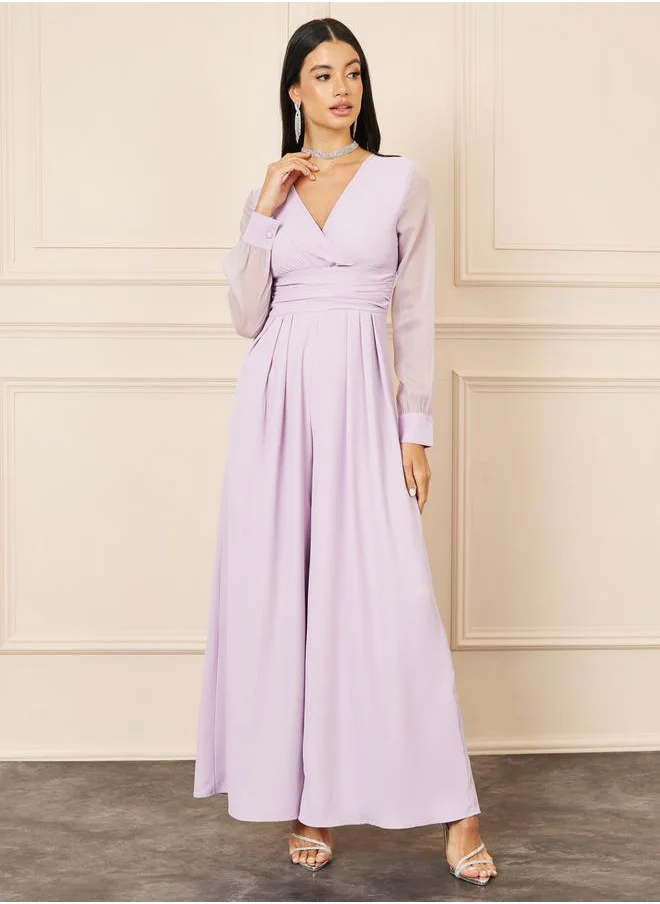 Styli Organza Sleeves Pleated Detail Wide Leg Tailored Jumpsuit