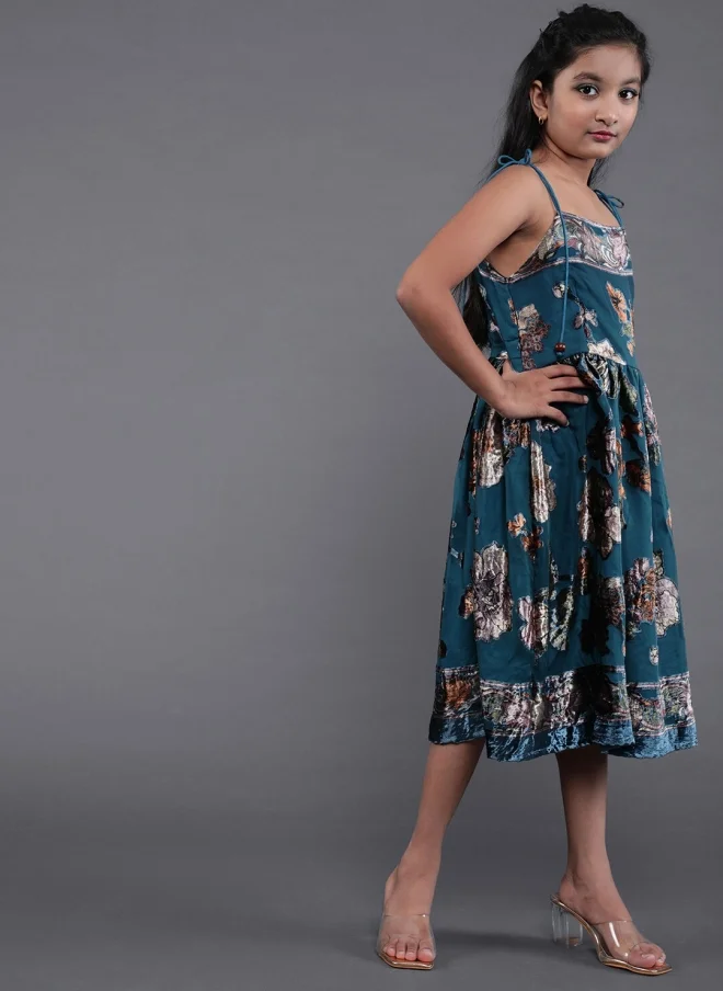 AKS Teal Floral Printed Fit & Flare Dress for Girls