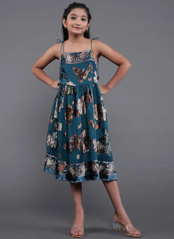 AKS Teal Floral Printed Fit & Flare Dress for Girls