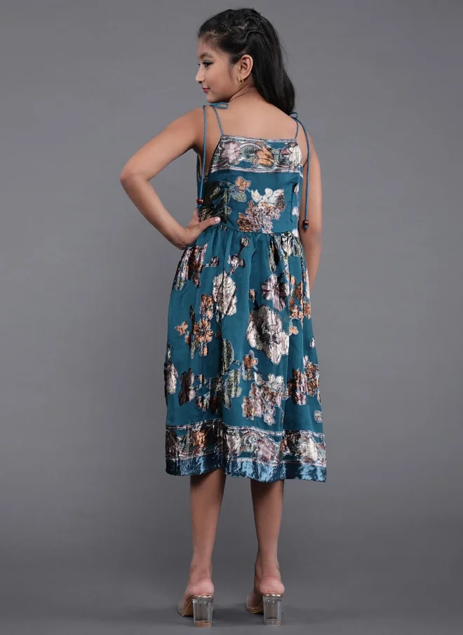 AKS Teal Floral Printed Fit & Flare Dress for Girls