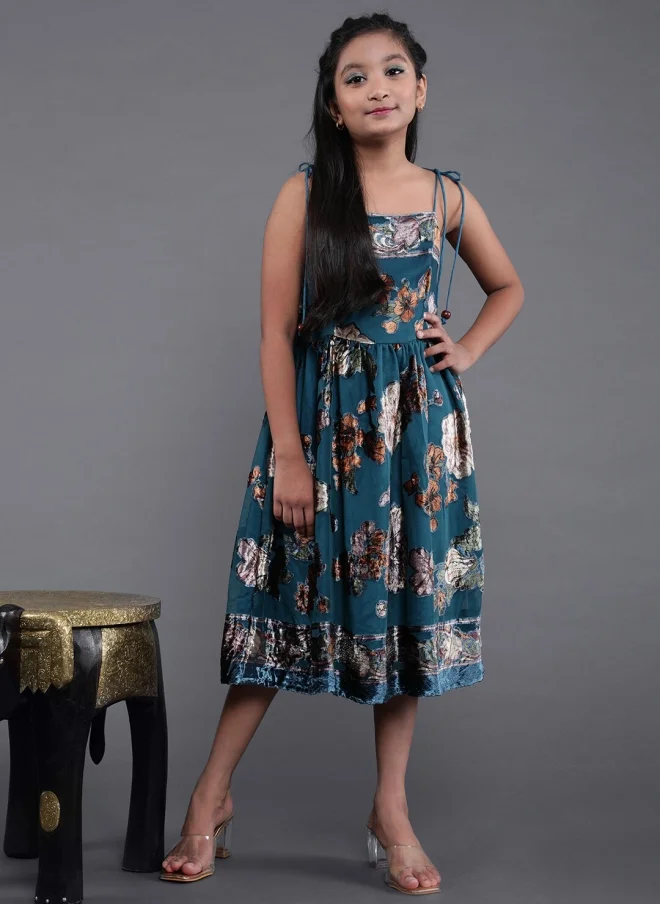 AKS Teal Floral Printed Fit & Flare Dress for Girls
