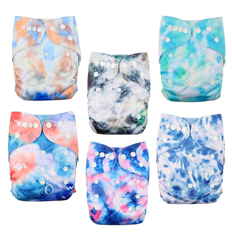wegreeco Cloth Diapers 6 Pack with 6 Inserts & 1 Wet Bag, Washable Cloth Diapers for Babies, One Size Adjustable Reusable (Tie-dye, Ink) - Image 2