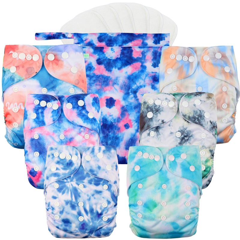 wegreeco Cloth Diapers 6 Pack with 6 Inserts & 1 Wet Bag, Washable Cloth Diapers for Babies, One Size Adjustable Reusable (Tie-dye, Ink) - Image 1