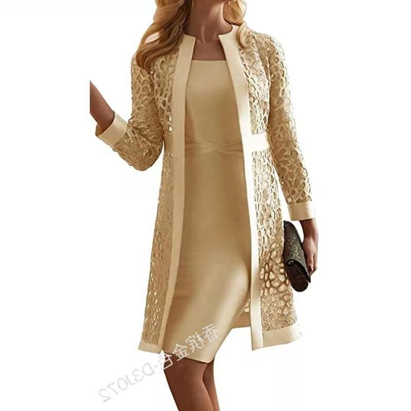2023 New Womens Lace Cardigan Dress Set Champagne Gold