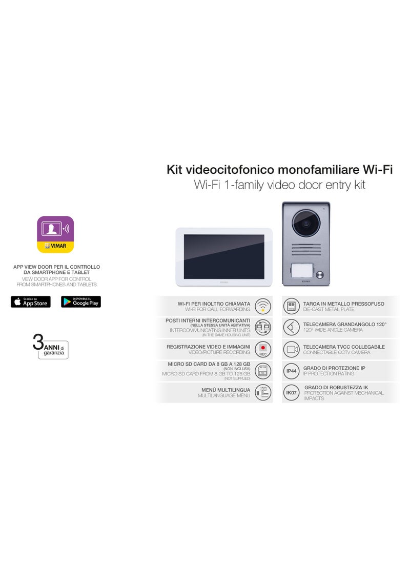 Vimar - Vimar K40945 Single-Family Smart Video Door Phone Kit with Wifi Hands-free Touch Screen Monitor, White - Image 1