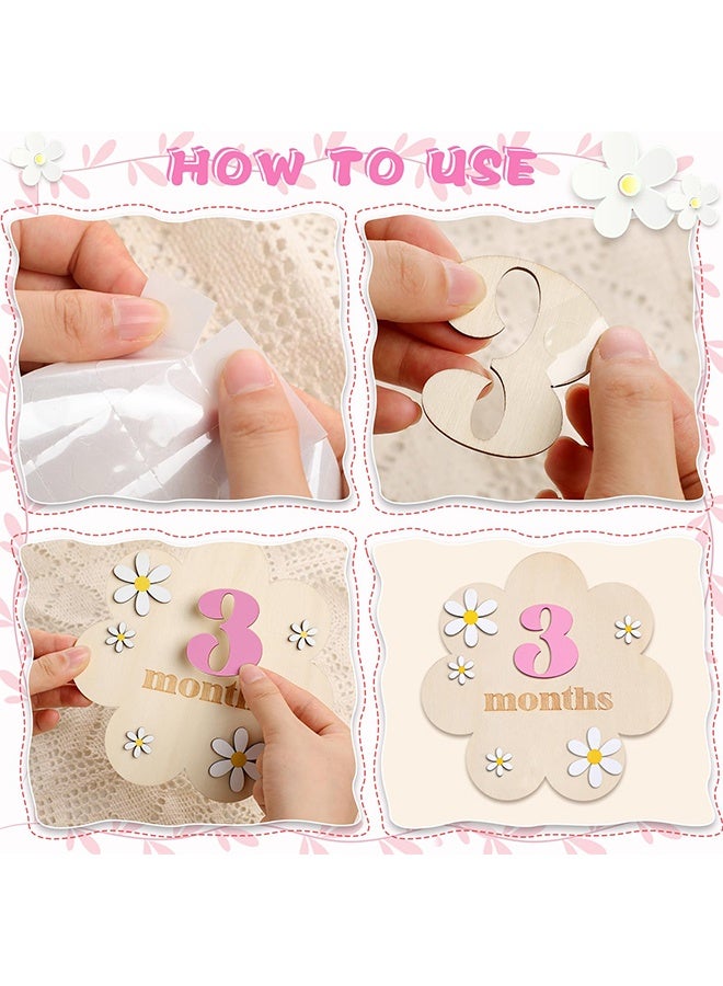 Pink 3D Wooden Daisy Baby Monthly Milestone Discs, 1-12 Months Interchangeable Milestone Sign for Newborn Photo Props Baby Shower Gift - Image 3
