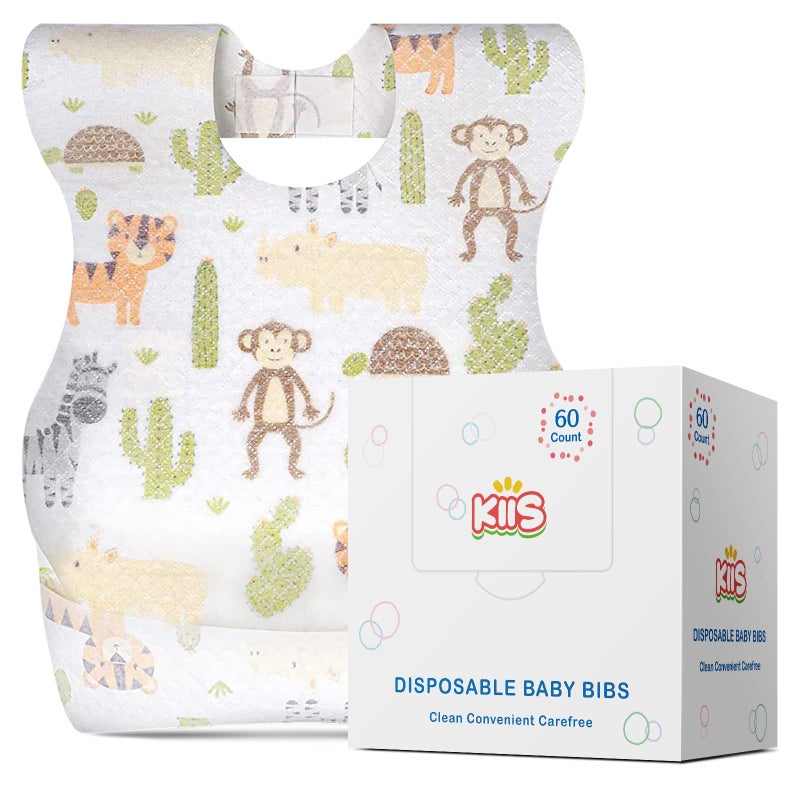 KIIS Disposable Baby Bibs for Baby Boys and Girls - Individually Packaged - Hygienic, Soft and Leakproof Baby Bibs (60 PCS) (Animal) - Image 1
