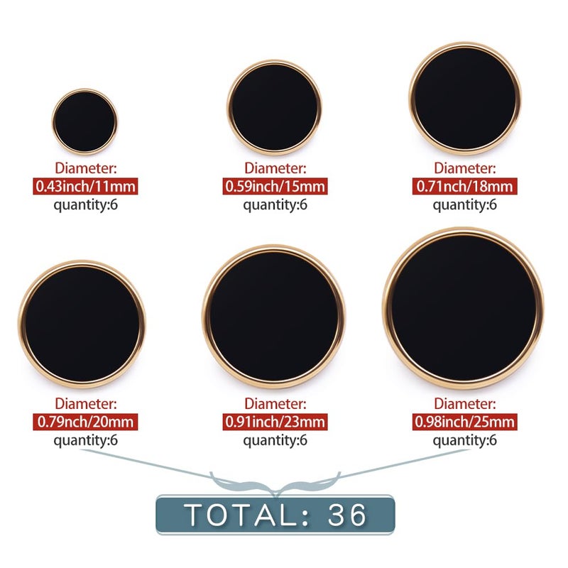 SEMINI 36 Pieces Mixed 6 Sizes Metal Button Alloy Shank Button Round Shaped Sewing Button for Women Men Suit Woolen Coat Shirt Trousers Sewing Crafts (Style169 Gold Black) - Image 3