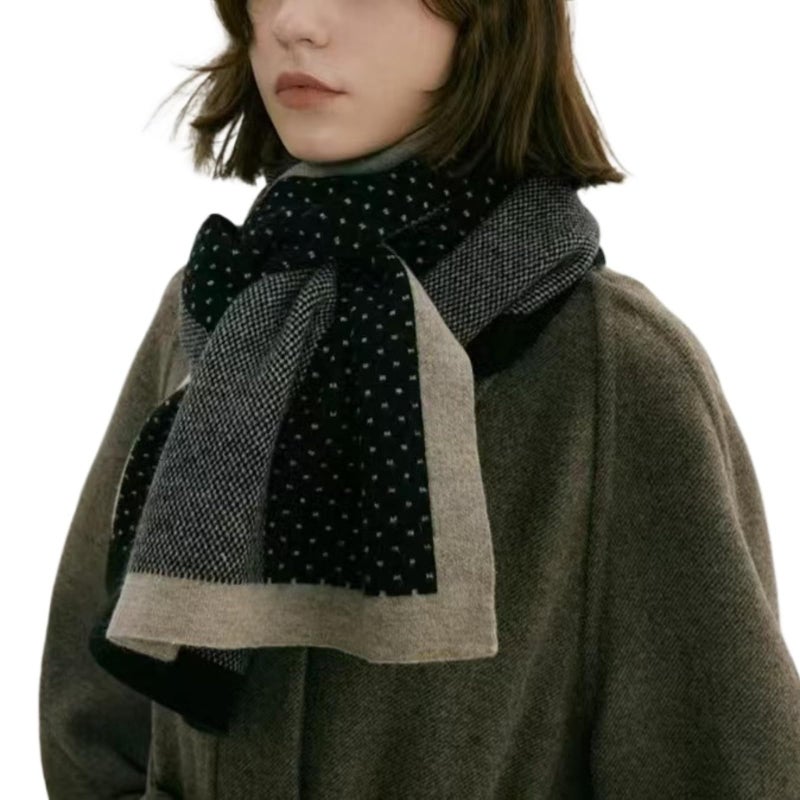 MININAI Womens Elegant Striped Winter Knit Scarf Vintage Plaid Thick Scarf Soft Cold Weather Warm Scarves Accessories (Dot Black) - Image 1