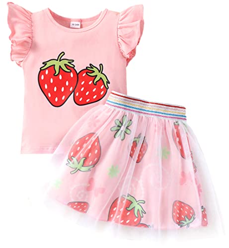 RETSUGO Girls Skirt and Top Set Flutter Sleeve Strawberry Shirt Tulle Skirts Set Kids Tutu Dress Toddler 2PC Fruit Print School Outfits 23 Yeras