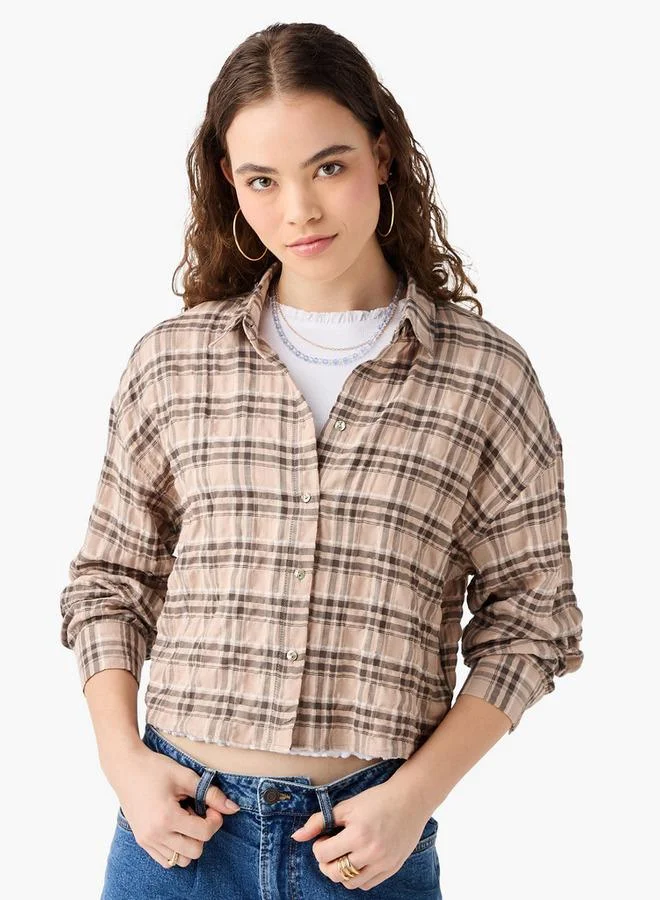Lee Cooper Lee Cooper Regular Fit Checked Cropped Shirt with Long Sleeves