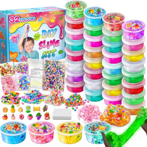YOPINSAND 32 Cups DIY Slime Kit Slime Making Kit for Girls Crystal Clear Slime Glow in The Dark Slime with Addins Foam Balls Charms Slime Party Favors Gift Toys for Kids 312 - Image 1