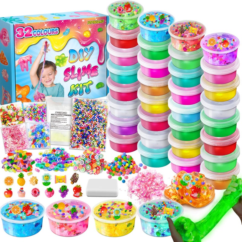 YOPINSAND 32 Cups DIY Slime Kit Slime Making Kit for Girls Crystal Clear Slime Glow in The Dark Slime with Addins Foam Balls Charms Slime Party Favors Gift Toys for Kids 312 - Image 3