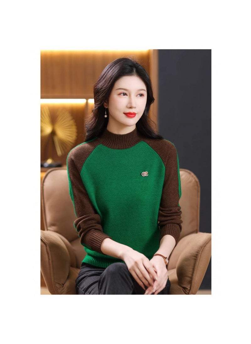 Generic - 2024 Autumn/winter New Womens Knitted Turtle Neck Sweater Loose-fit Stylish Color Block Pullover Wool Base Layer Top Camel - Image 1