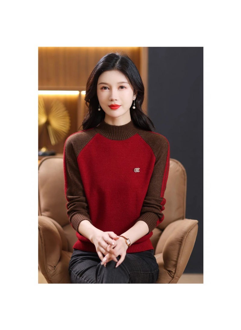 Generic - 2024 Autumn/winter New Womens Knitted Turtle Neck Sweater Loose-fit Stylish Color Block Pullover Wool Base Layer Top Camel - Image 1