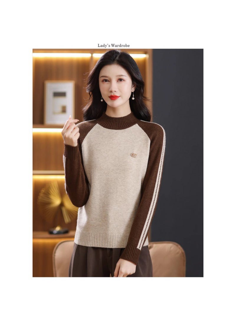 Generic - 2024 Autumn/winter New Womens Knitted Turtle Neck Sweater Loose-fit Stylish Color Block Pullover Wool Base Layer Top Camel - Image 1