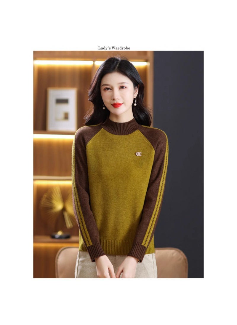 Generic - 2024 Autumn/winter New Womens Knitted Turtle Neck Sweater Loose-fit Stylish Color Block Pullover Wool Base Layer Top Camel - Image 1