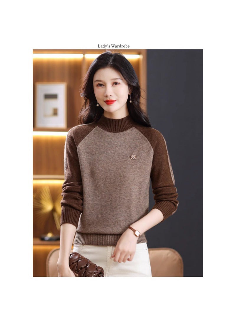 Generic - 2024 Autumn/winter New Womens Knitted Turtle Neck Sweater Loose-fit Stylish Color Block Pullover Wool Base Layer Top Camel - Image 1